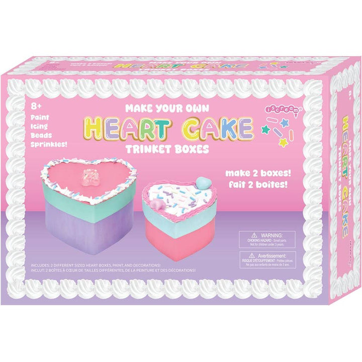 Heart-shaped trinket box craft kit packaging with pink and purple boxes on a white background.