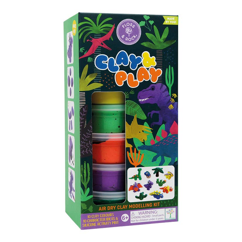 Clay & Play air dry clay modelling kit packaging with colorful clay pots and dinosaur illustrations on a white background.