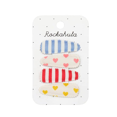 set of 4 snap clips covered with fabric, 2 stripes and  hearts