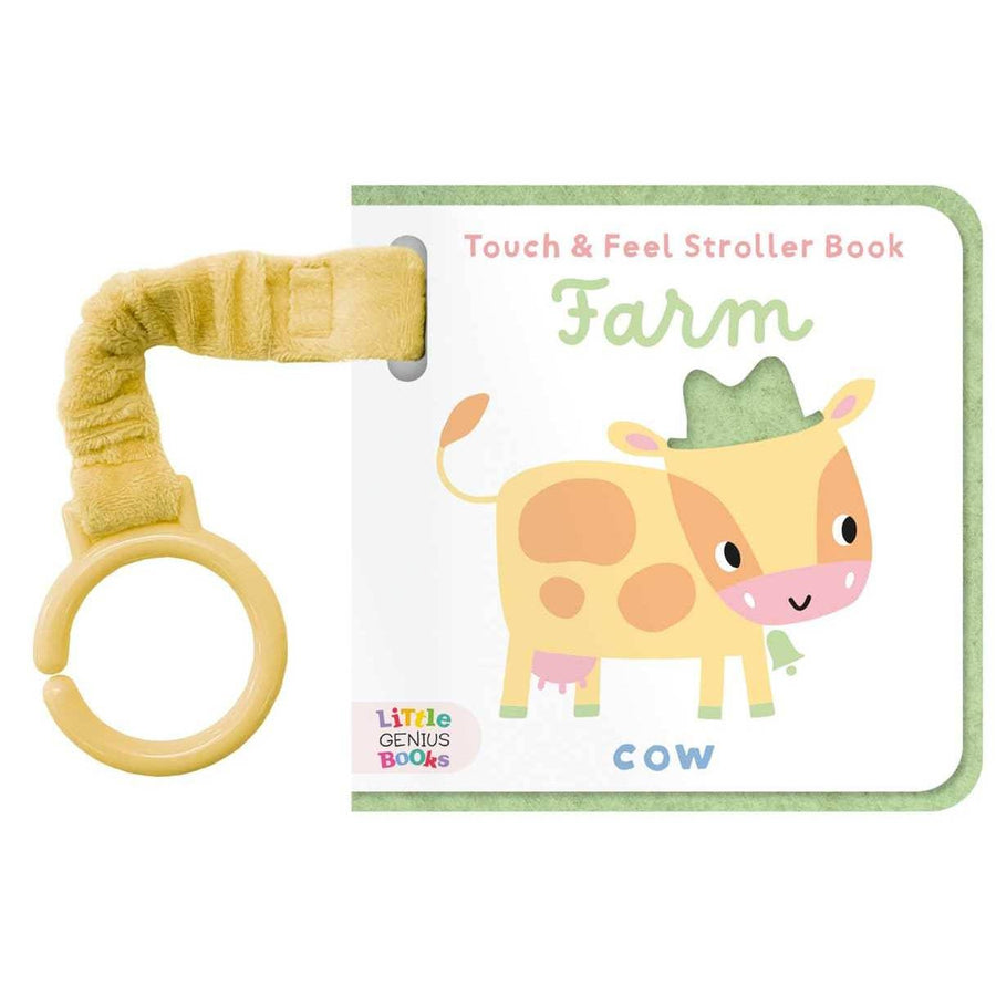 touch and feel stroller book with the farm theme and connecter to attach to car seat or stroller. cow on the front. 