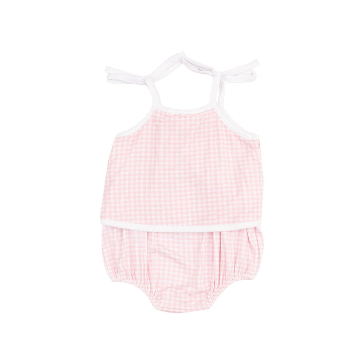 back of pink and white gingham sunsuit with white trim. top of sunsuit has a flap on it. daisy appliques on the front. 