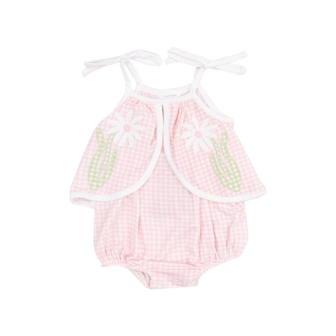 pink and white gingham sunsuit with swing front, white trim and two daisy appliques. 