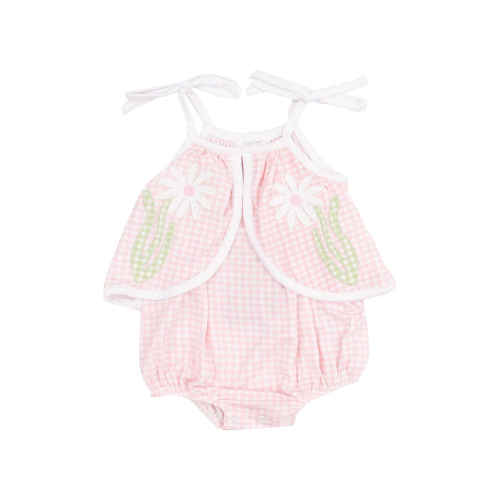 pink and white gingham sunsuit with swing front, white trim and two daisy appliques. 