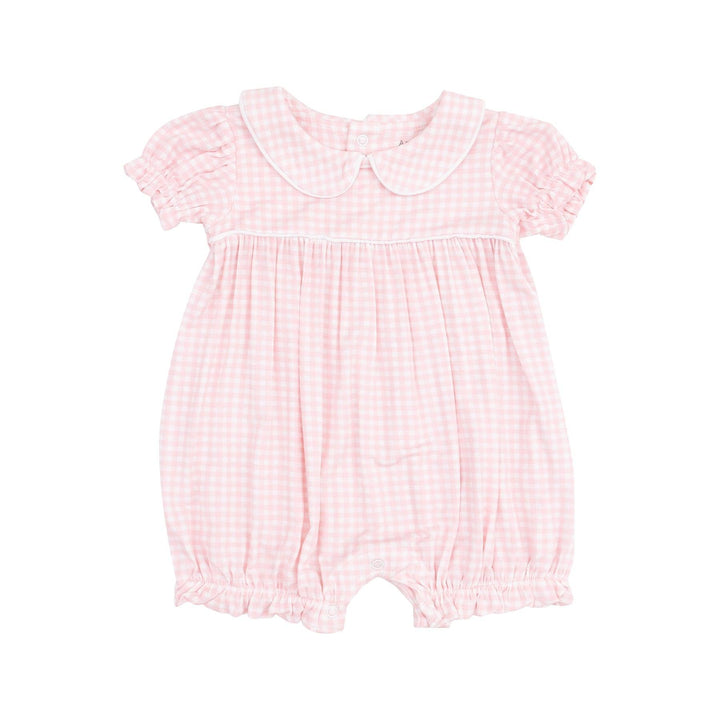pink and white gingham romper with peter pan collar. 