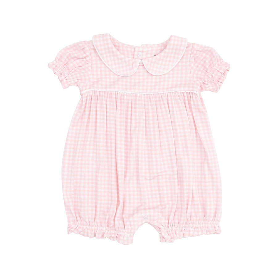 pink and white gingham romper with peter pan collar. 