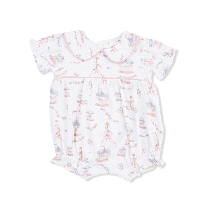 Baby romper with animal caruousel print on a white background