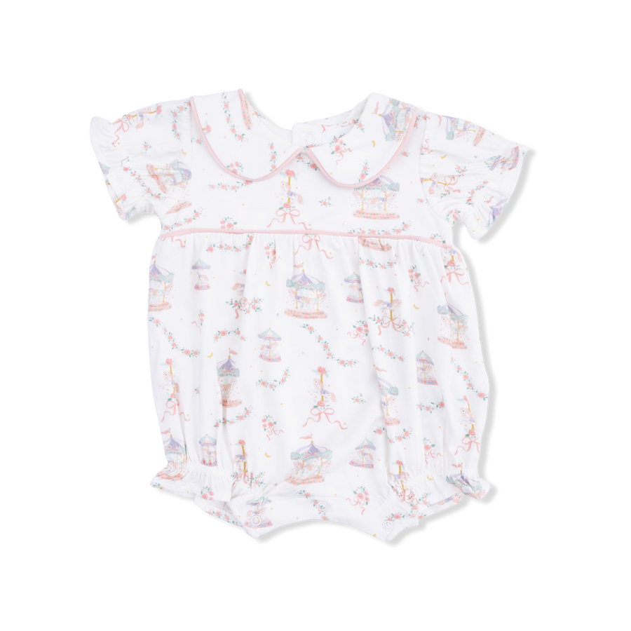 Baby romper with animal caruousel print on a white background