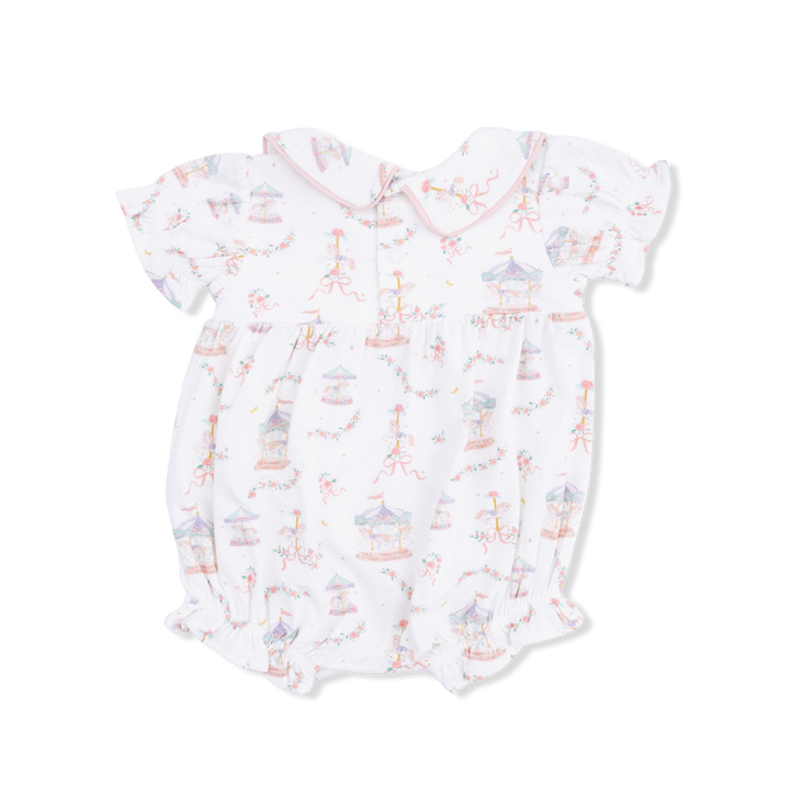 Baby romper with animal carousel pattern on a white background