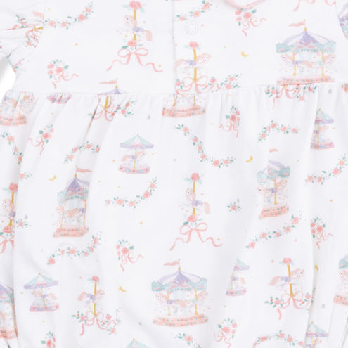 Baby romper with animal carousel pattern on a white background