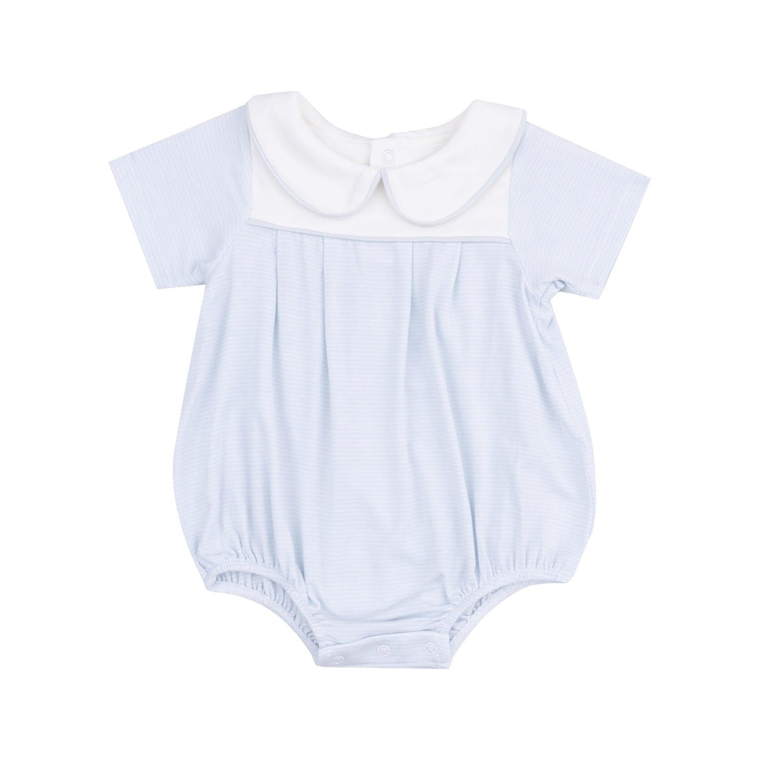 blue and white pinstripe baby bubble with white peterpan collar and piping around the collar and trim at the top of bubble. 