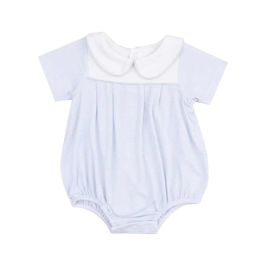 blue and white pinstripe baby bubble with white peterpan collar and piping around the collar and trim at the top of bubble. 