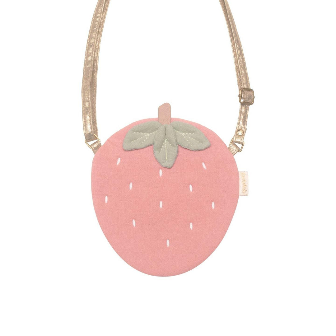 pink strawberry crossbody bag, gold straps