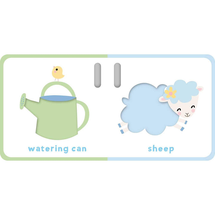 touch and feel book with lamb on one side and water can on the other. 