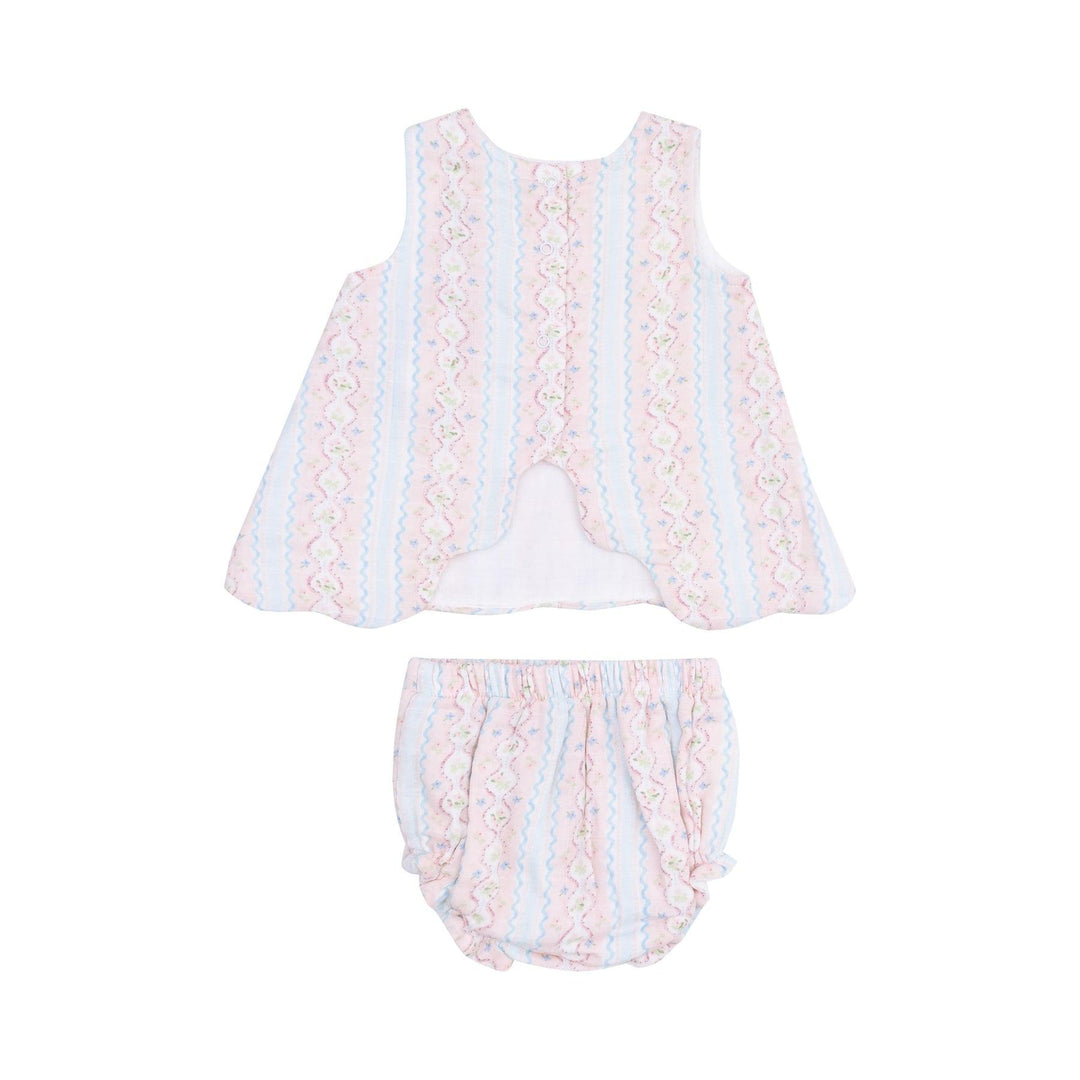 baby girl set with swing top and matching bloomers. the top has an open back with two top buttons at the top of the blouse. 