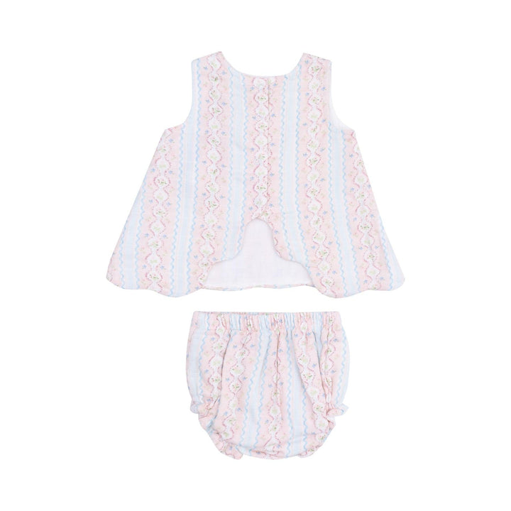 baby girl set with swing top and matching bloomers. the top has an open back with two top buttons at the top of the blouse. 