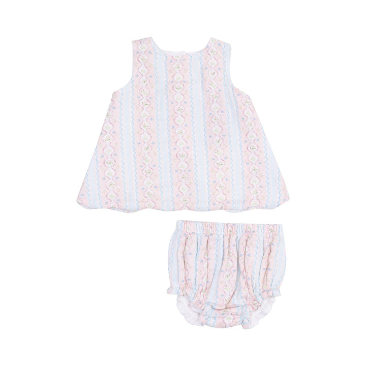 two piece baby girl set with sleeveless top that has a swing back and matching bloomers. pink and blue stripes. the pink stripe has a floral pattern on it. 