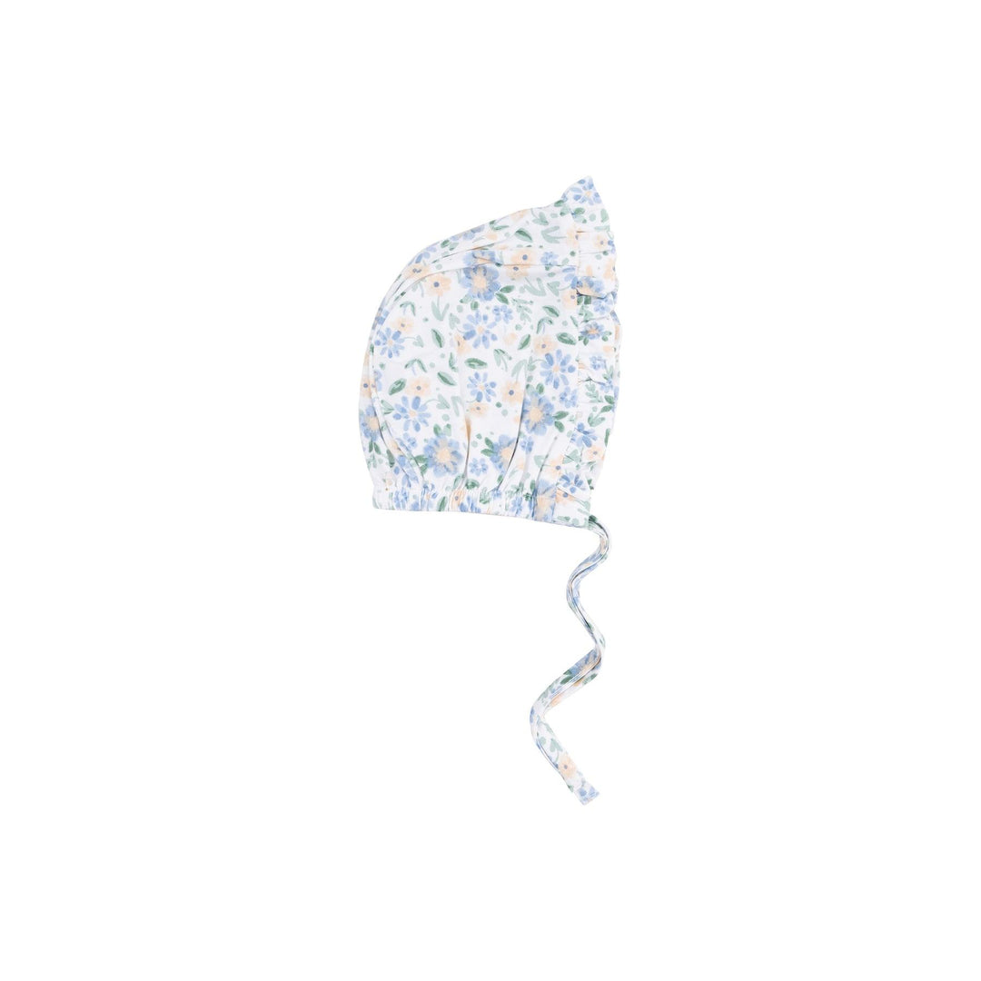 baby bonnet made out of bamboo and viscose in a pastel floral of blue and peach. 
