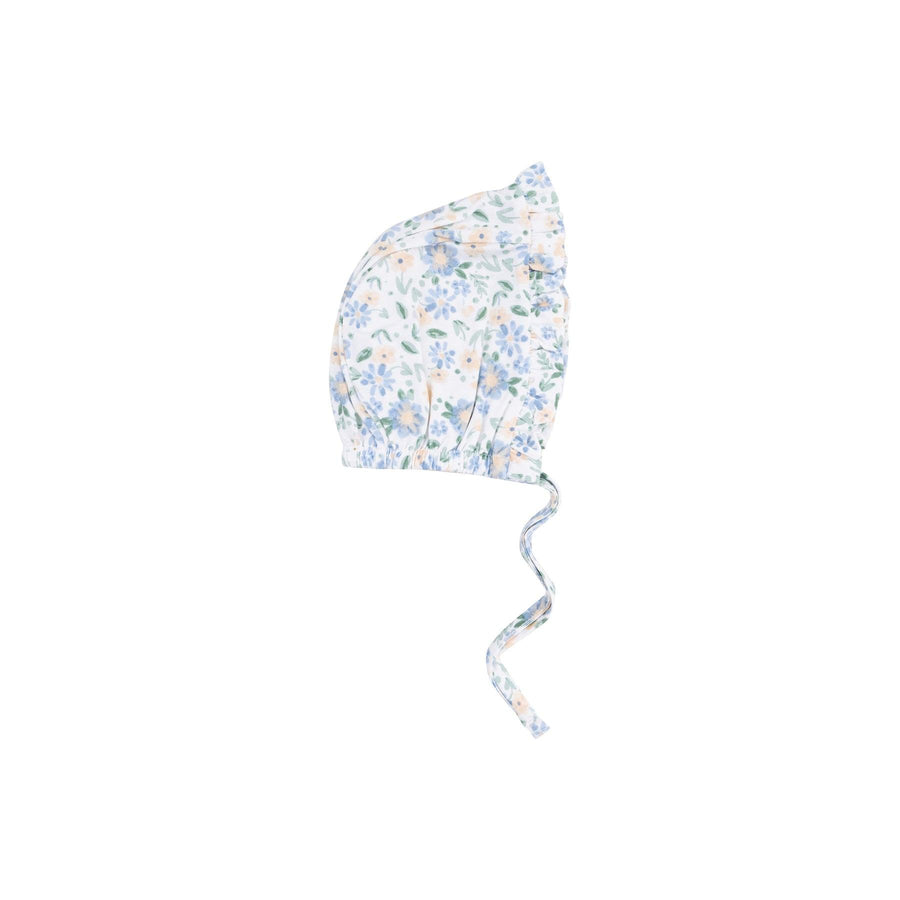 baby bonnet made out of bamboo and viscose in a pastel floral of blue and peach. 