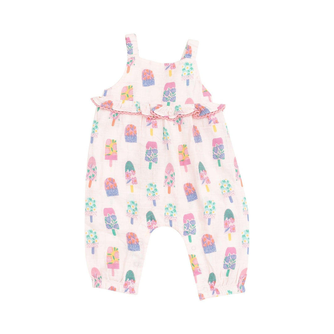 jumpsuit sleeveless with ruffle light pink with popsicles with floral printed insides. 