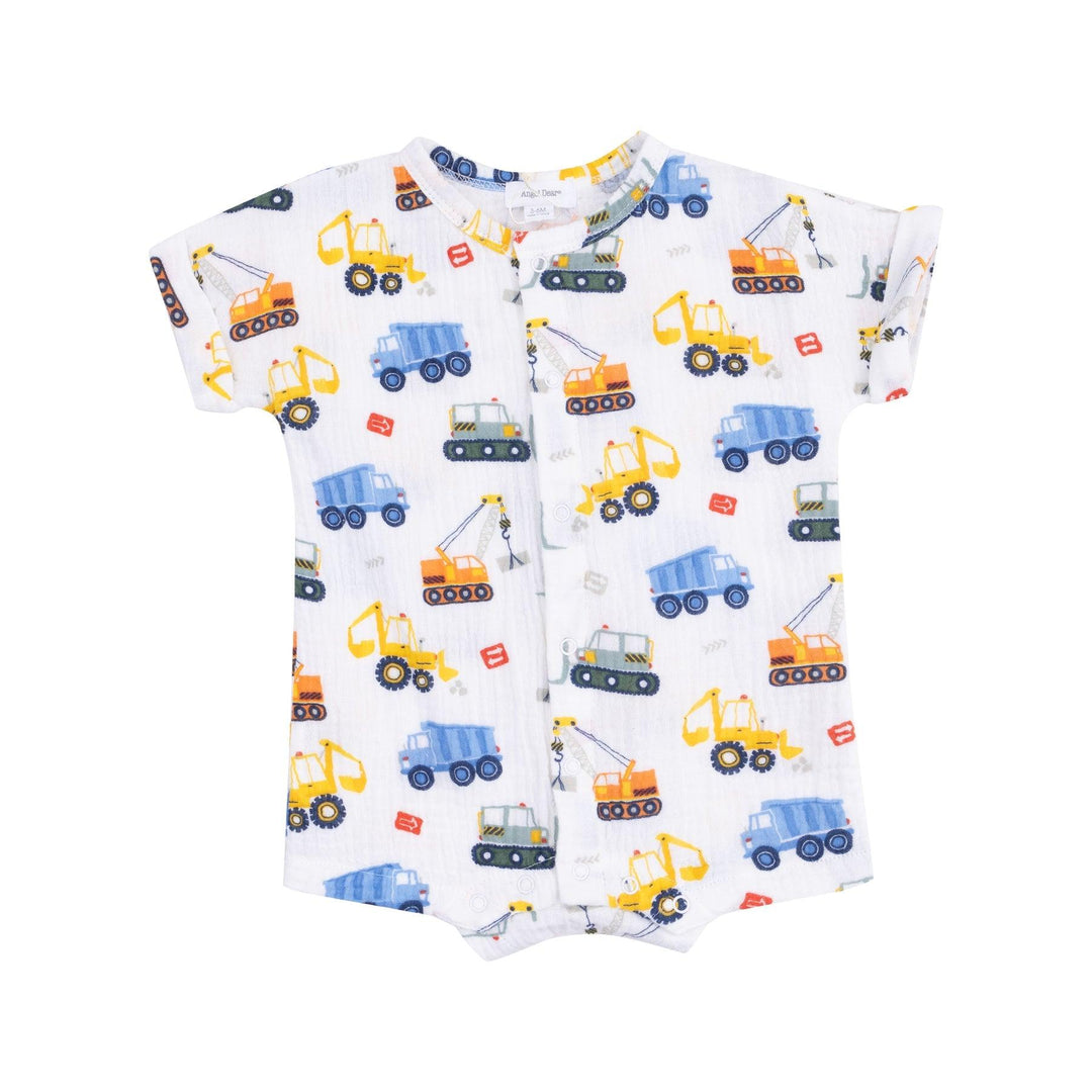 henley shortall baby boy outfit, white with construction vehicles all over it. 