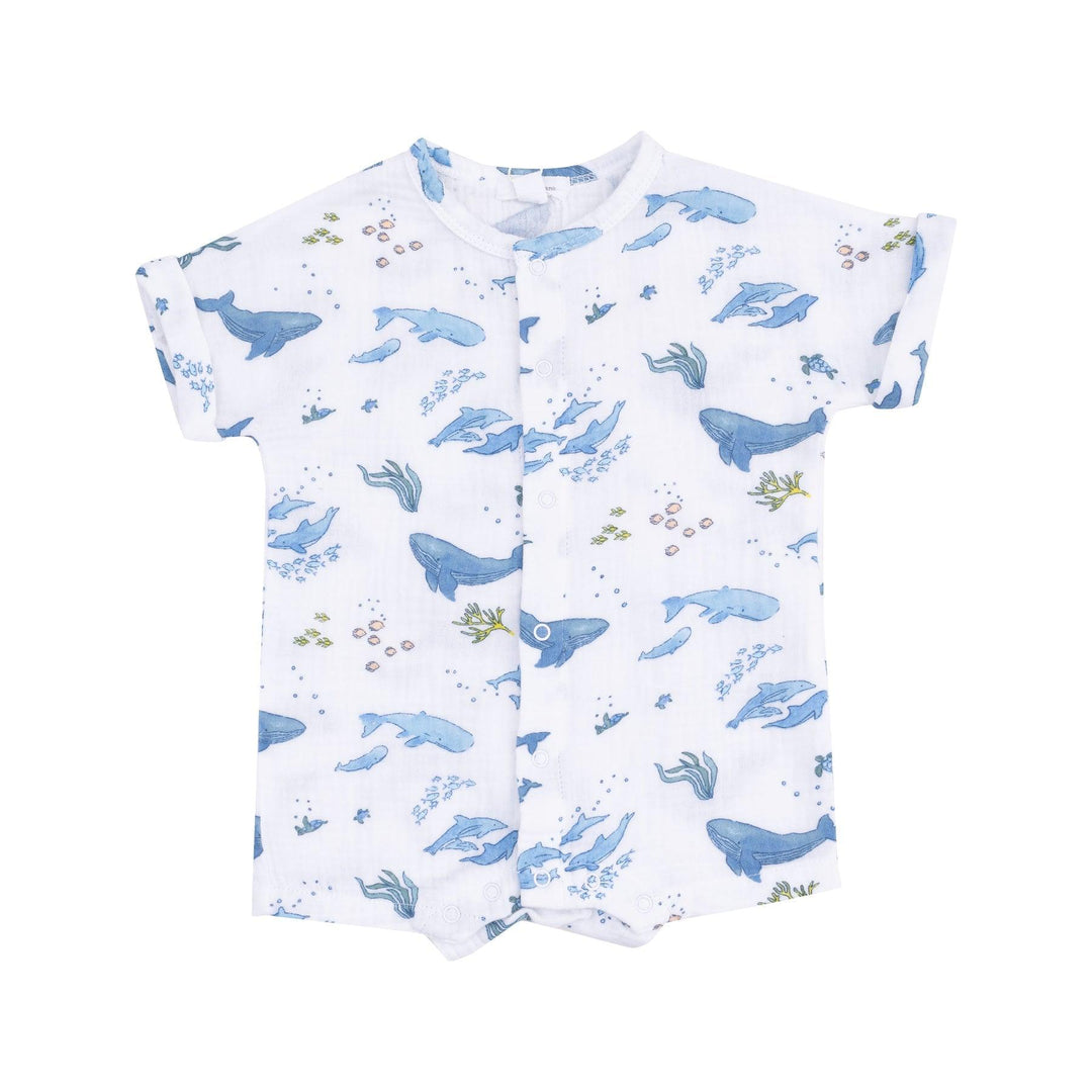 white henley shortall with blue watercolor whales all over. 