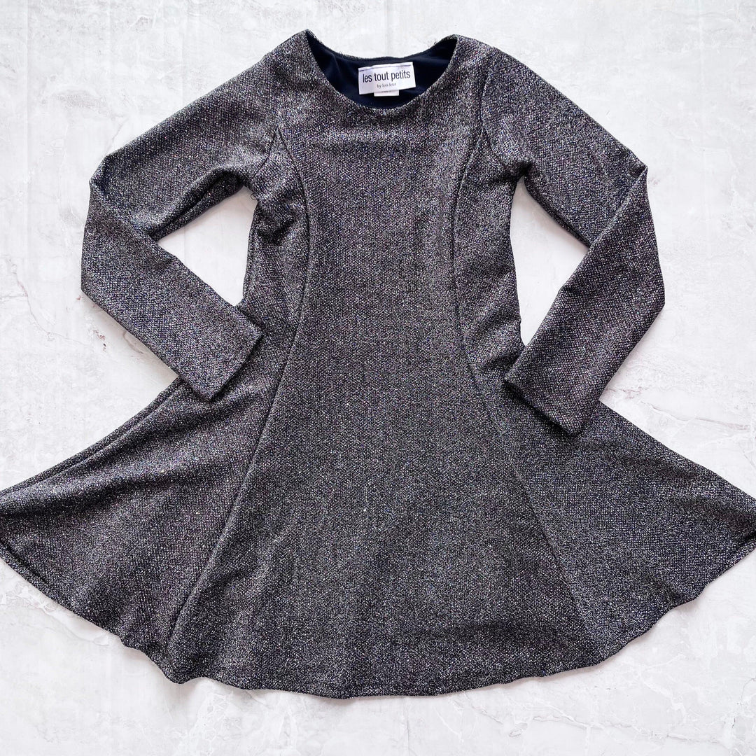 Tween Dresses | Long Sleeve Inspired Flare Dress in Platinum Sparkle | Les Tout Petits