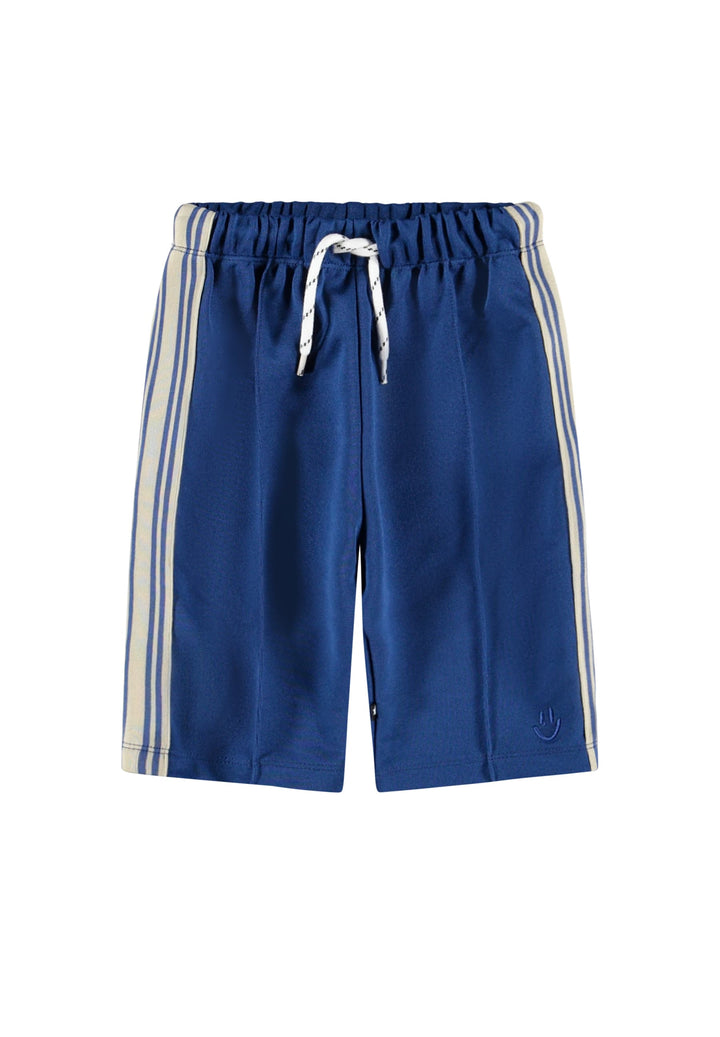 Blue pants with white drawstring and stripes on a white background