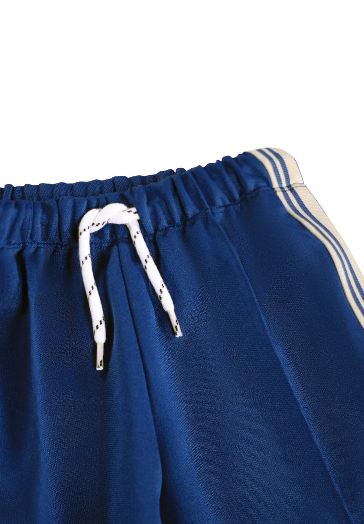 Blue shorts with a drawstring and white stripes on a white background