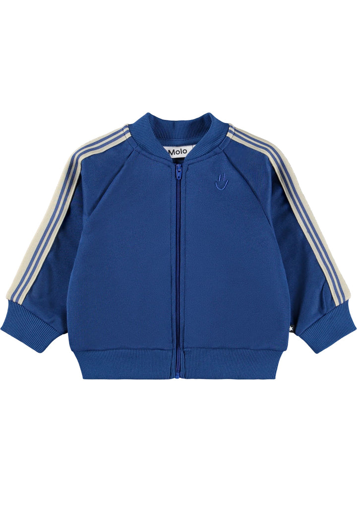 Blue children's jacket with white stripes on sleeves against a white background
