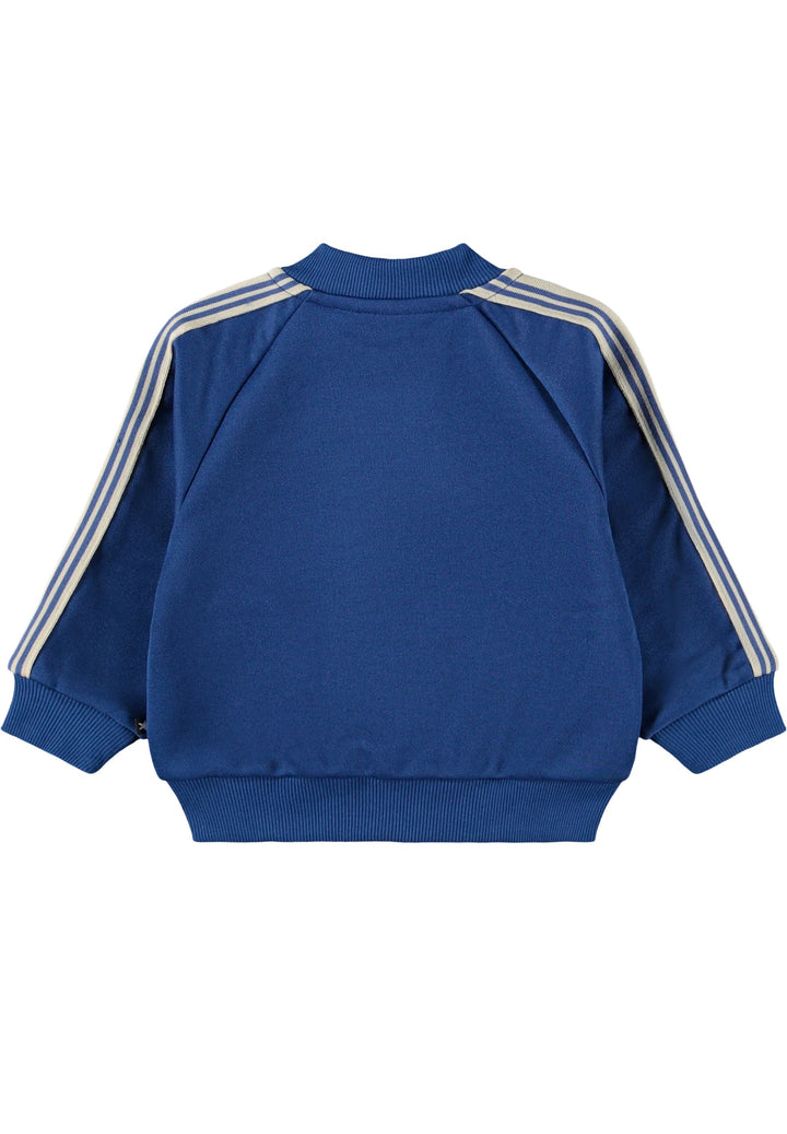 Blue sweatshirt with white stripes on sleeves on a white background