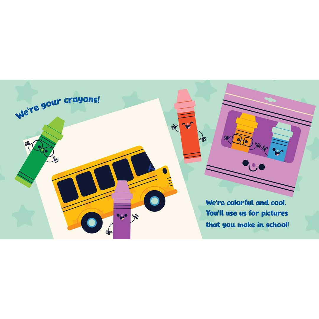 Illustration of a school bus, crayons, and a package with a colorful design on a light green background.