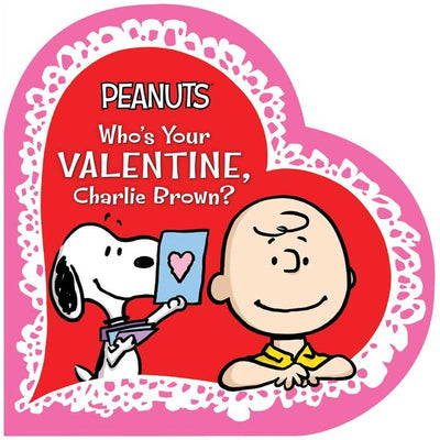 board book in the shape of a heart titled "Who's your valentine, charlie brown?"