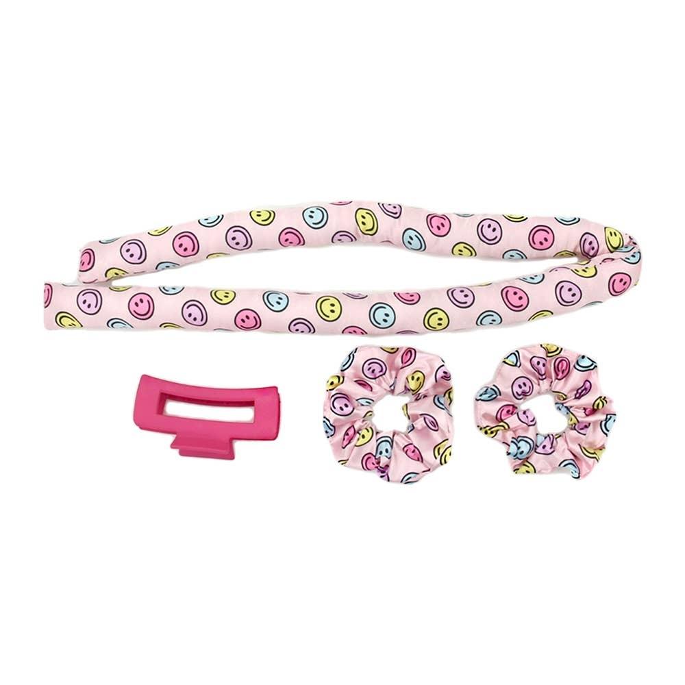 heatless curling set with claw clip and 2 scrunchies. pink with smiley faces. 