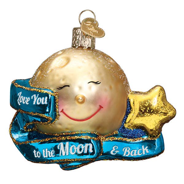 Glass ornament shaped like a moon with a star and text 'Love You to the Moon & Back' on a white background