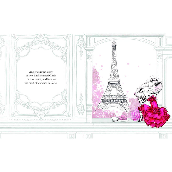 Illustration of a mouse in a pink dress with the Eiffel Tower in the background, on a decorative white border.