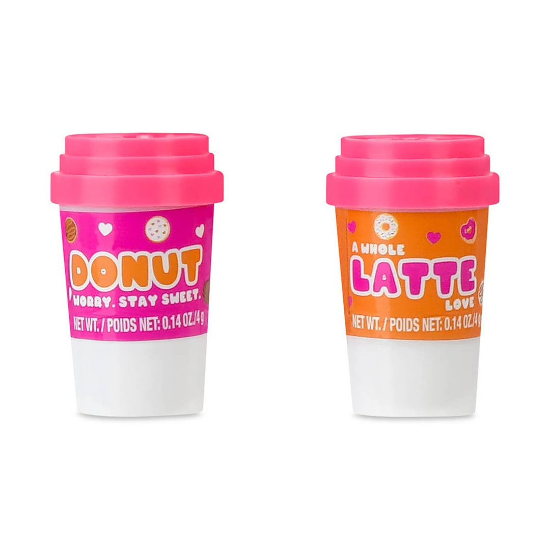 Two travel mugs with pink lids, one labeled 'Donut' and the other 'Latte', on a white background.