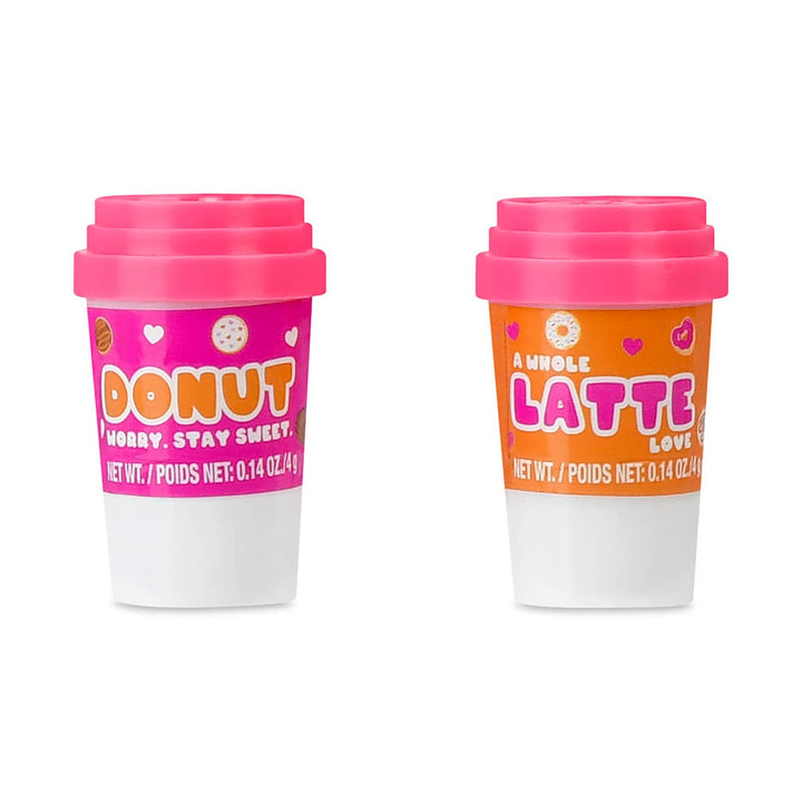 Two travel mugs with pink lids, one labeled 'Donut' and the other 'Latte', on a white background.