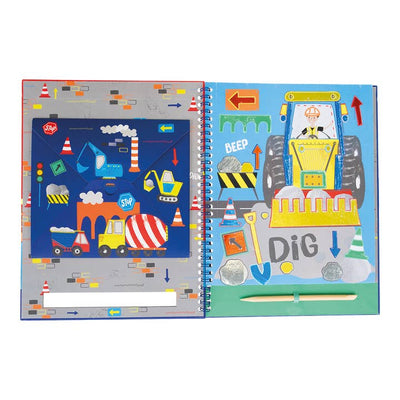 inside pages of the craft kit with construction vehicles on them 