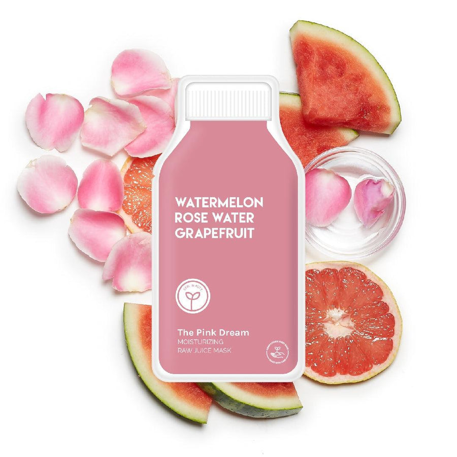 sheet mask with watermelon and rose water and grapefruit extracts. 