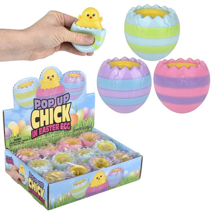 Pop-up chick in Easter egg toy with packaging and additional toys displayed.