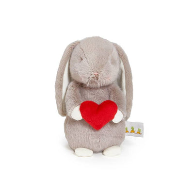 soft gray bunny with floppy ears holding a red heart