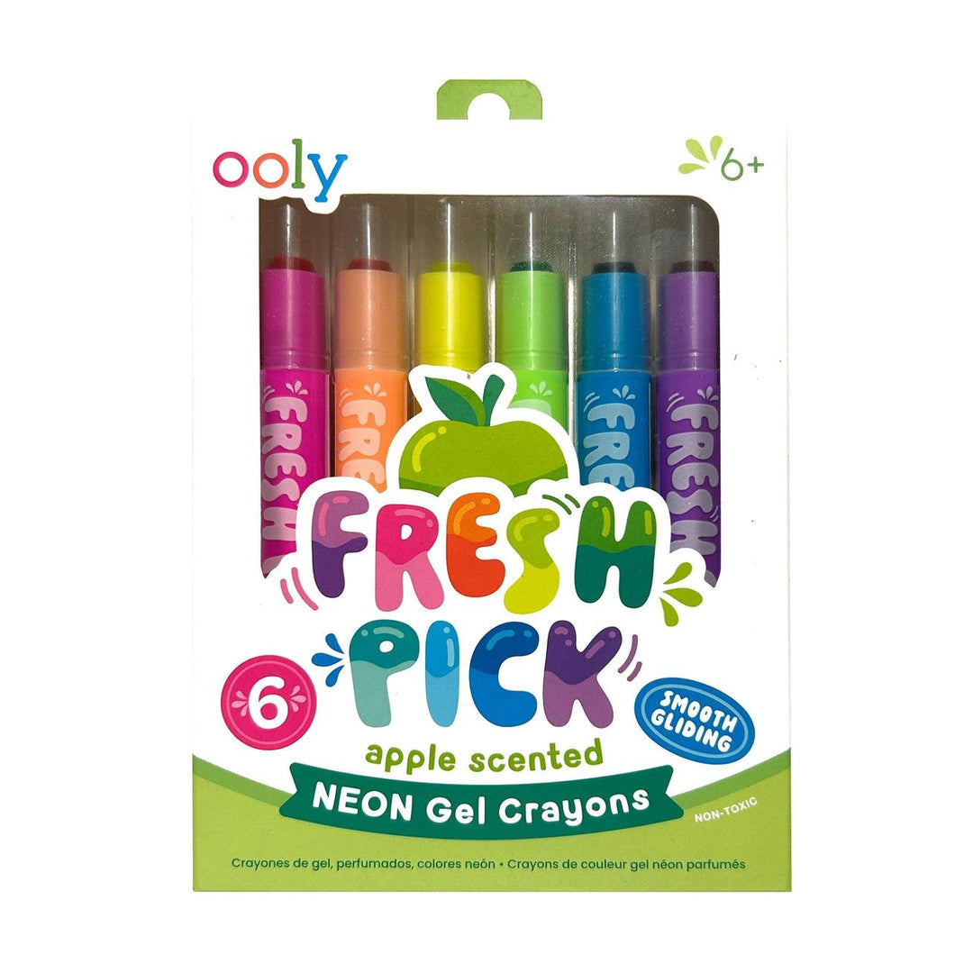 gel crayons in the packaging, 6 different colors. neon colors and apple scented. 
