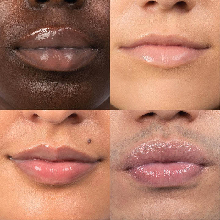 this picture shows the lip balm on 4 different skin tones. has a clear glossy finish