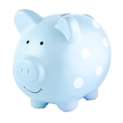 blue piggy bank with white polka dots all over. 