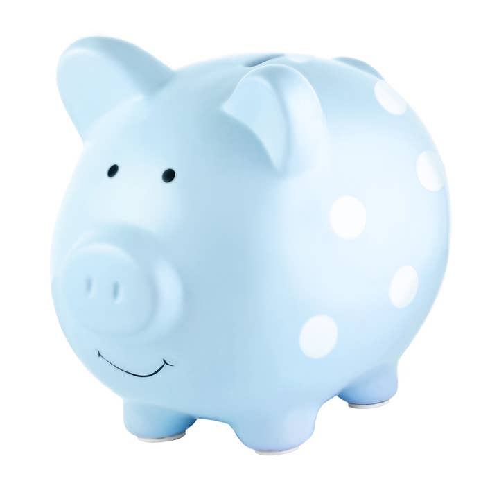 blue piggy bank with white polka dots all over. 