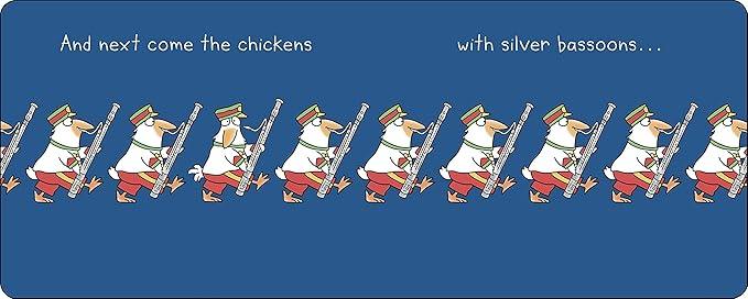 inside pages of the childrens board book where chickens marching with bassoons