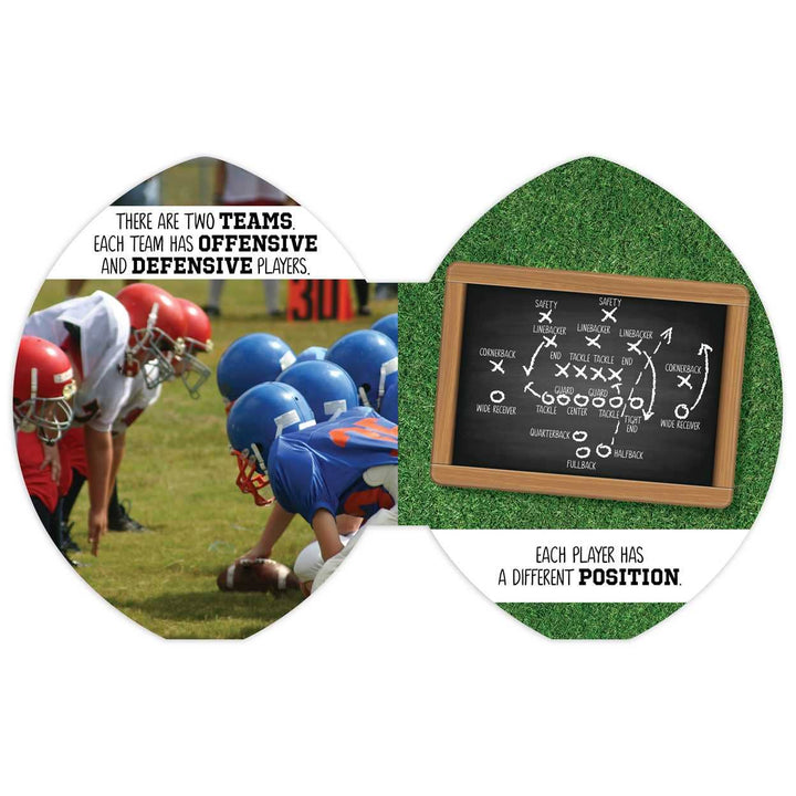 inside pages of the board book shaped like a football. 
