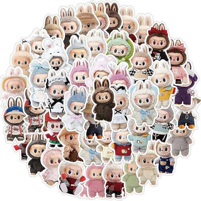 Collection of cartoon character stickers in various outfits on a white background
