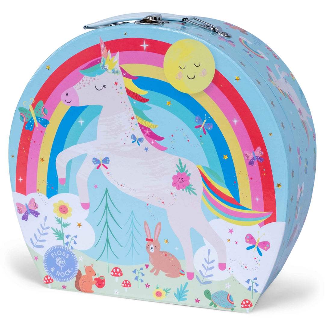 Children's suitcase with unicorn and rainbow design on a white background
