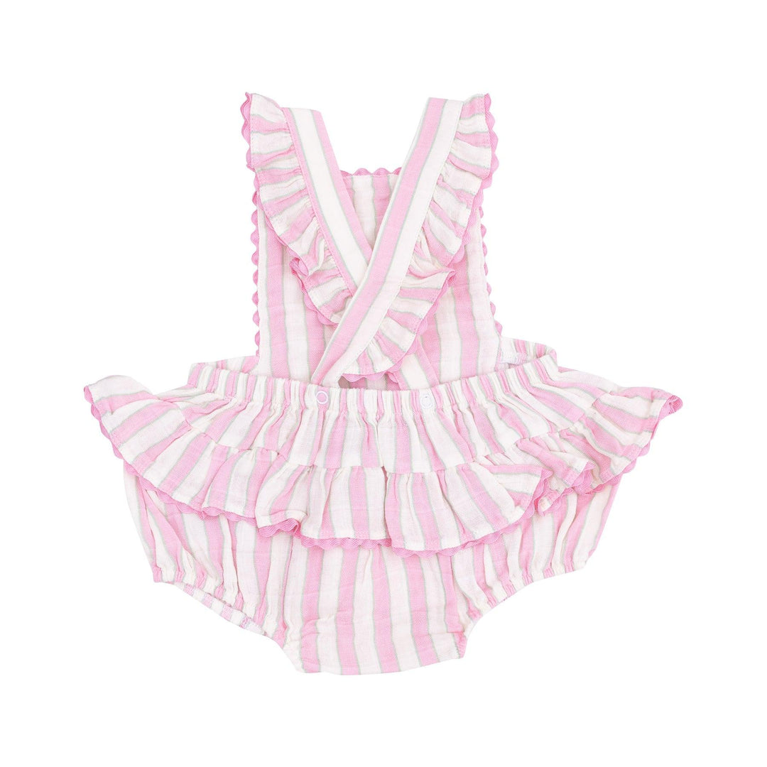 ruffle sunsuit with ric rac trim and a ruffle at the bum and criss cross sleeves. pink and white cabana stripe. 